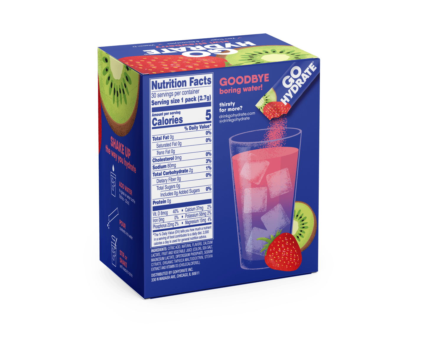 GoHydrate Kiwi Strawberry - 30pk Back of Box with nutrition facts